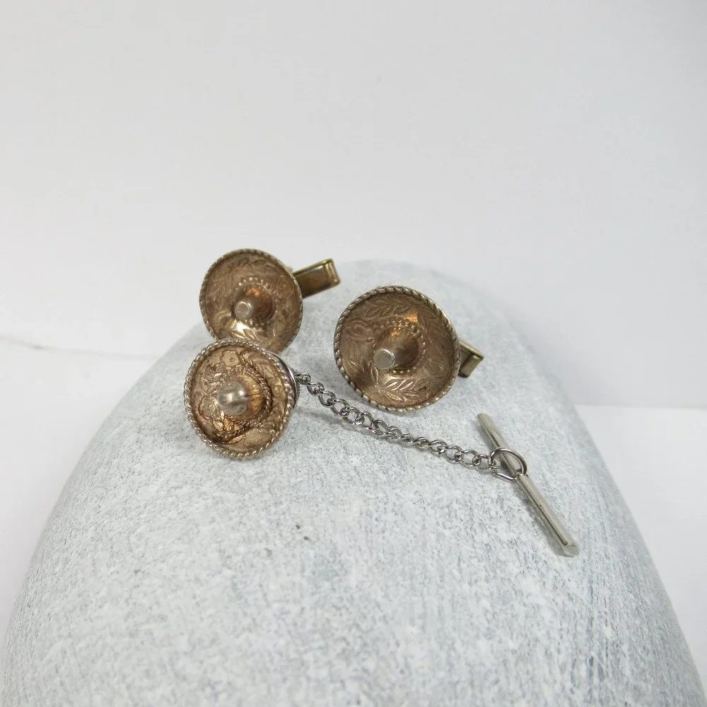 Vintage Sterling Sombrero Cuff Links snd tie tack